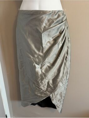 BSL Silver Metallic Gathered Faux Wrap Midi Skirt Large made in Turkey